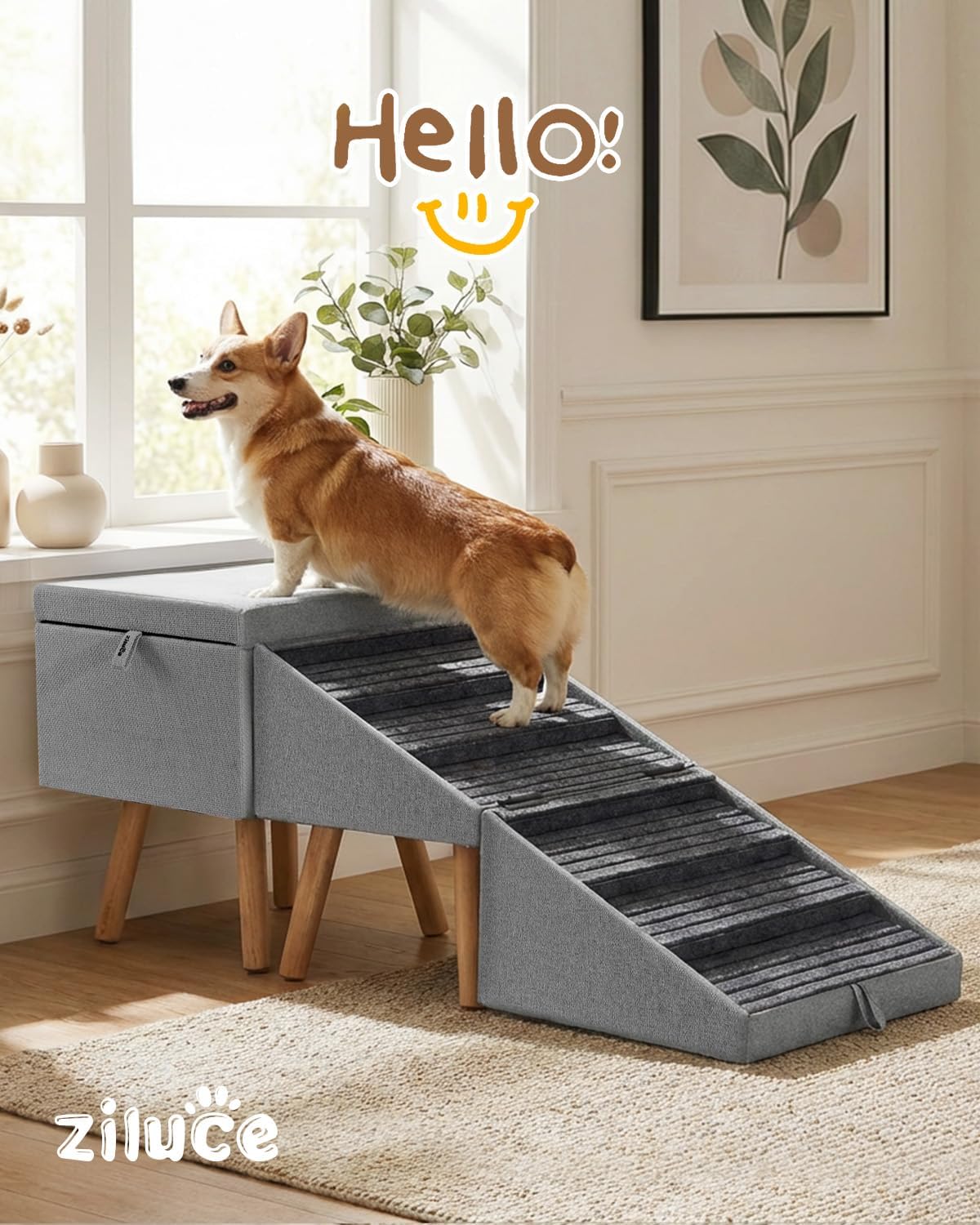 Dog Ramp for Bed & Couch, Dog Stairs 21.06 inches High for Large/Medium/Small Doggie, Foldable 2 in 1 Wooden Pet Steps for Puppy Older and Injured Dogs, Split Ottoman Design, No-Slip Surface